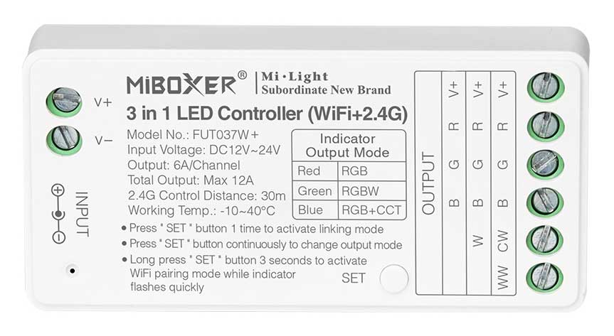 MiBoxer 3 in 1 (RGB / RGBW / RGB+CCT) LED-Streifensteuerung (WiFi+2.4G)